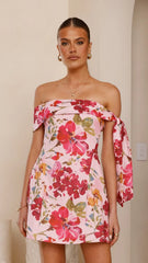 Halen Off Shoulder Mini Dress - Pink Floral