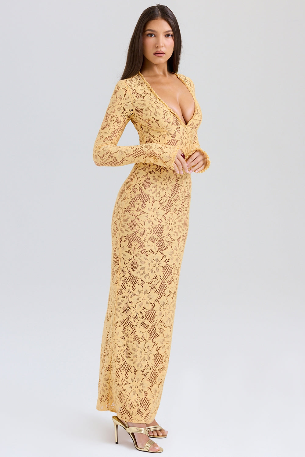 Indiana-Apricot Plunge Lace Maxi Dress