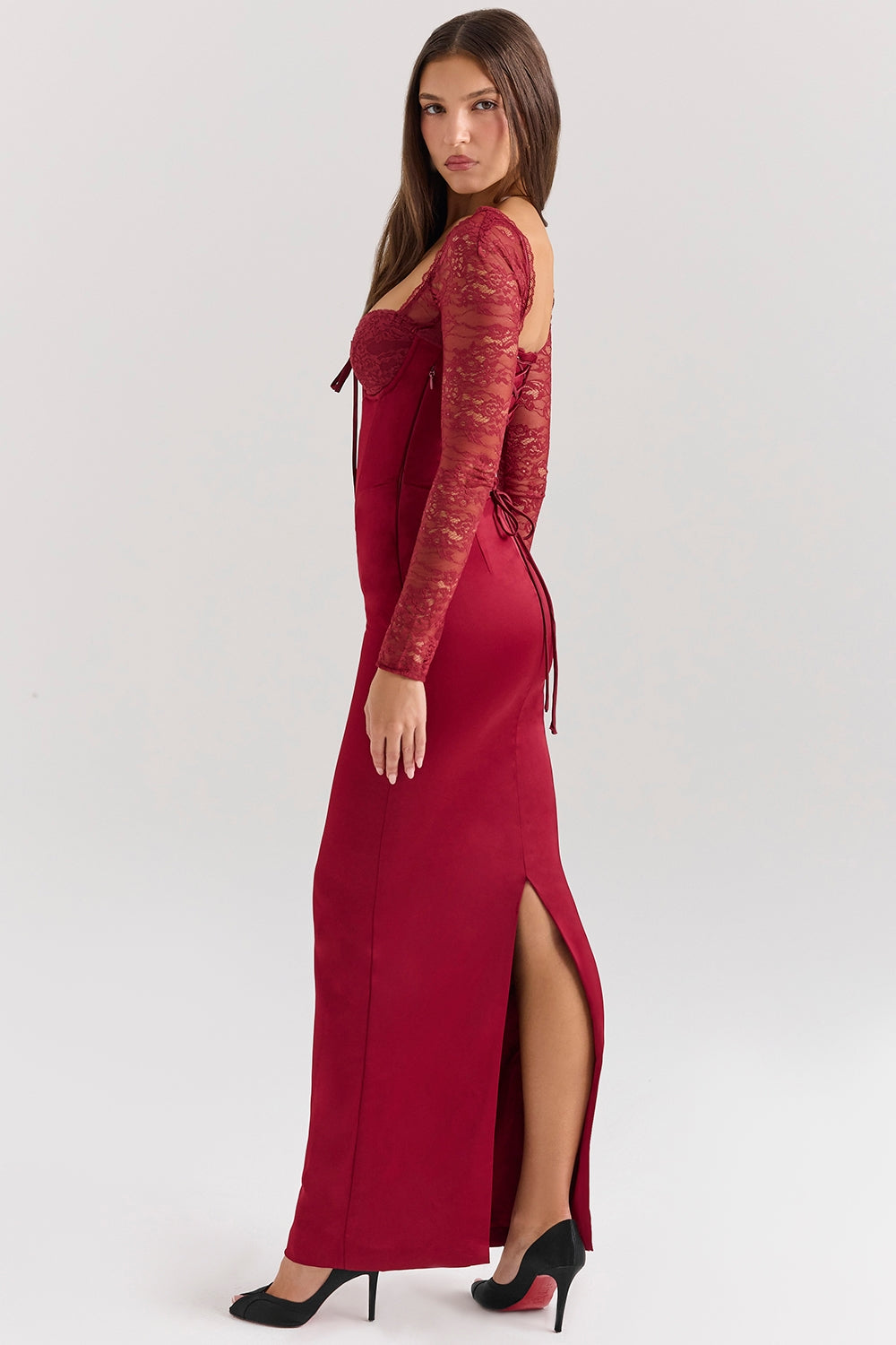 Perdi-Berry Satin Maxi Dress with Corset