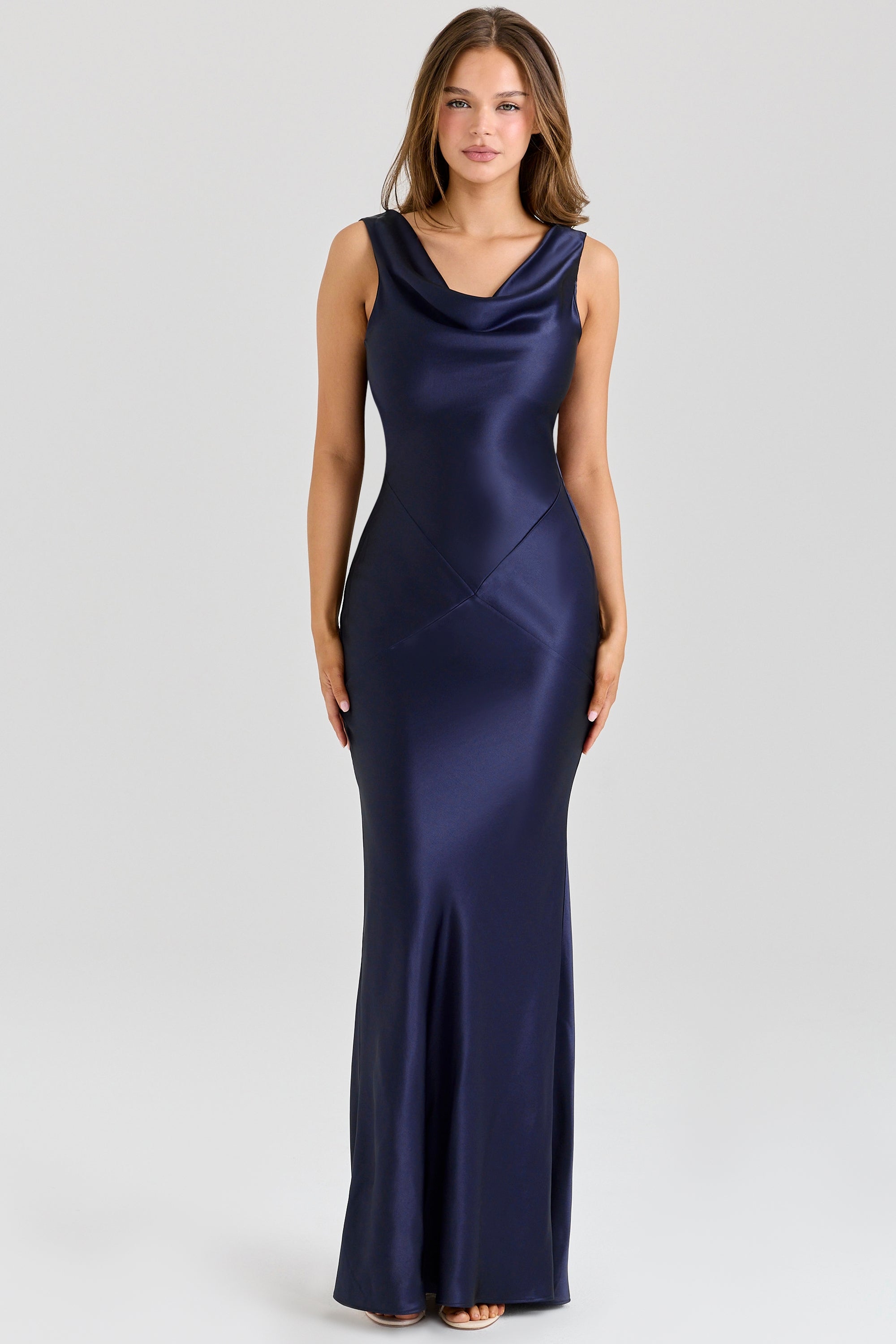 Safaira-Navy Satin Draped Cowl Neck Maxi Dress