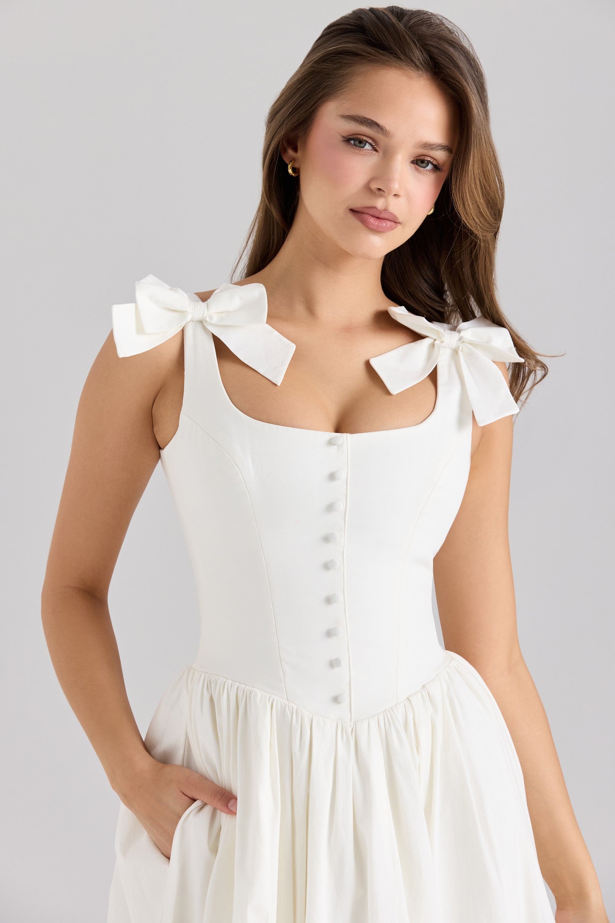 Lillia-White Stretch Cotton Bow Midi Dress