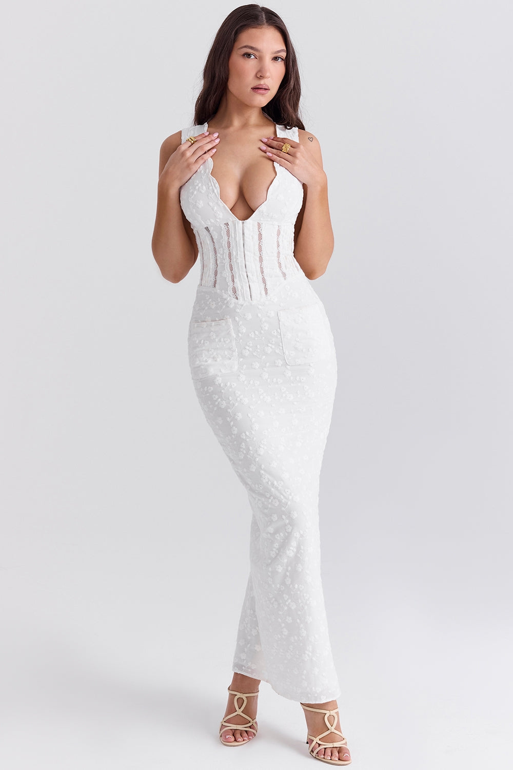 Sophina-White Cotton Broderie Anglais Plunge Maxi Dress