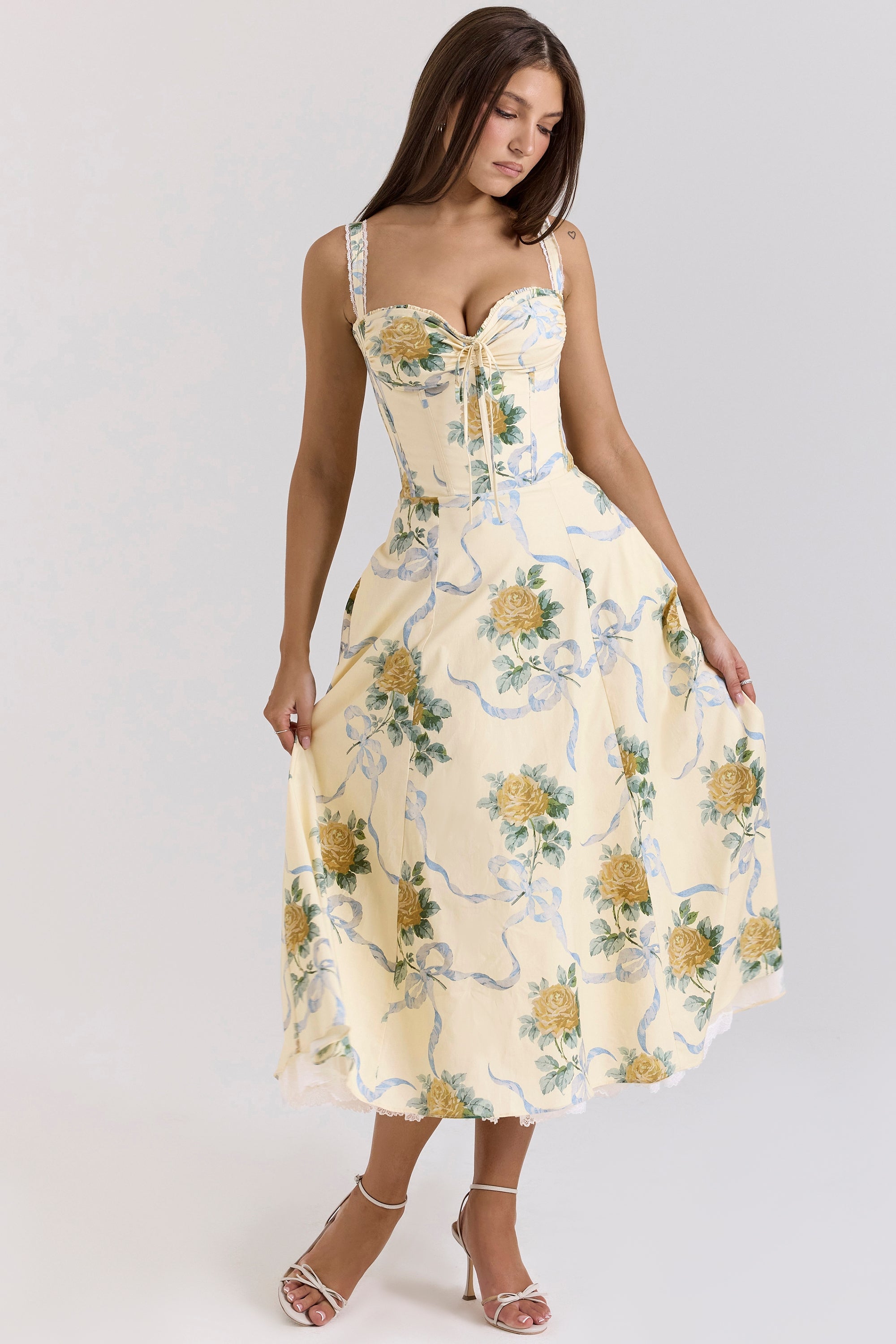 Rosalee-Lemon Vintage Ribbon Print Cotton Midi Dress