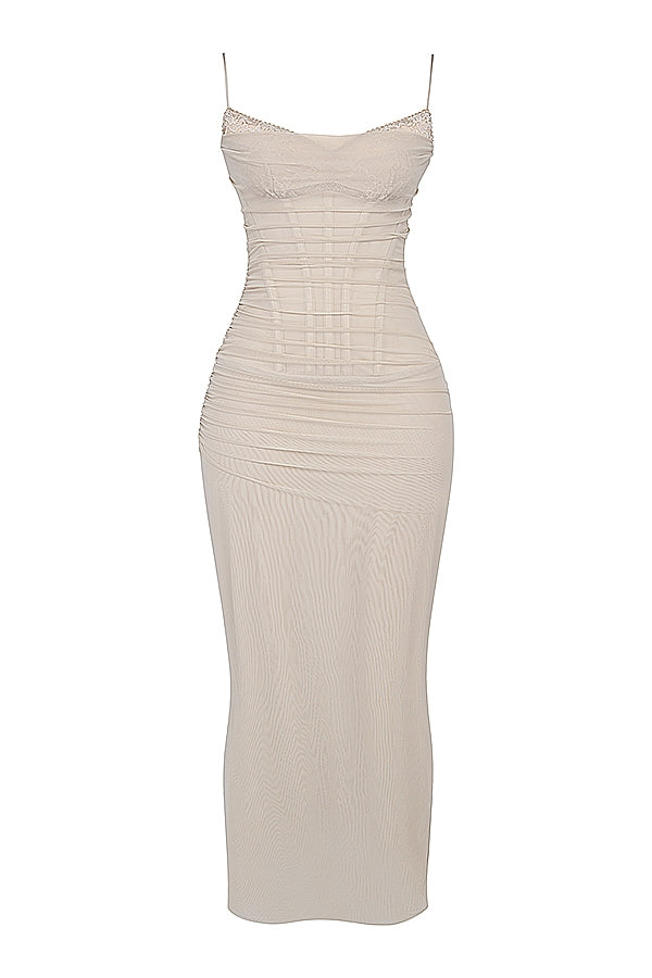 Nalini-Sand Stretch Mesh Maxi Dress