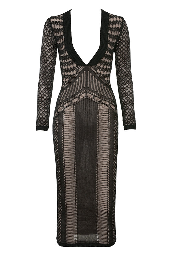 Loula-Black Plunge Open Knit Midi Dress - SALE