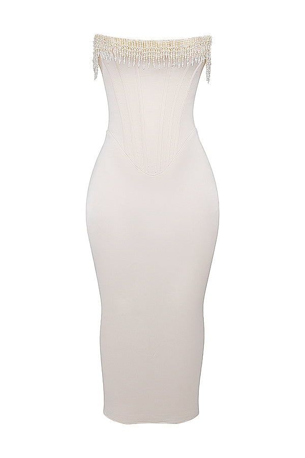 Nalita-Vintage Cream Embellished Strapless Dress
