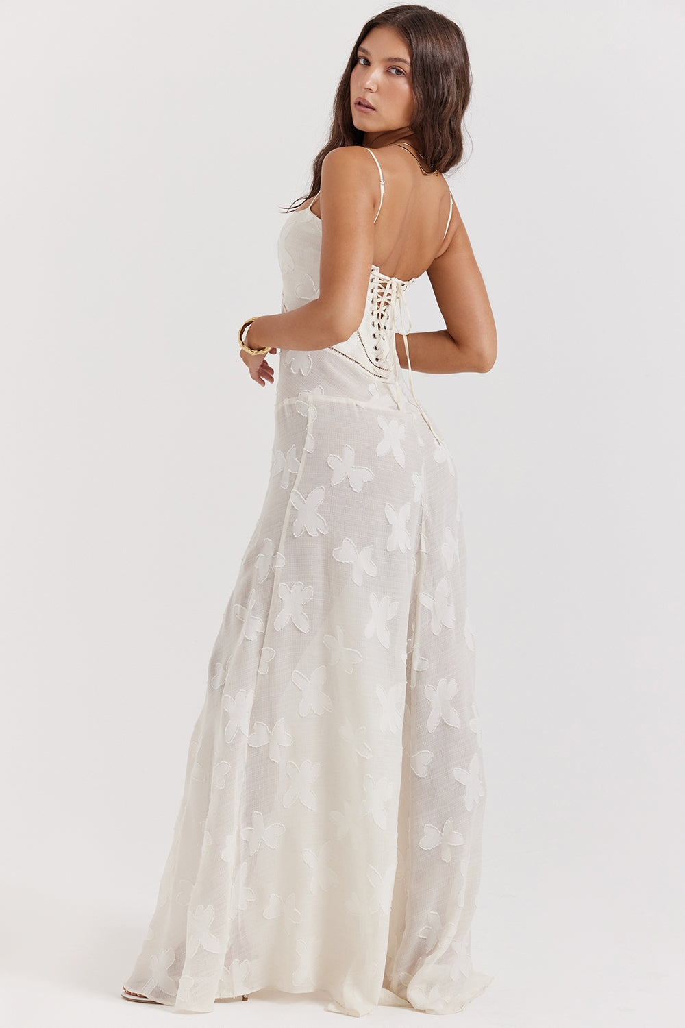 Seren-Vintage Cream Floral Lace Back Maxi Dress
