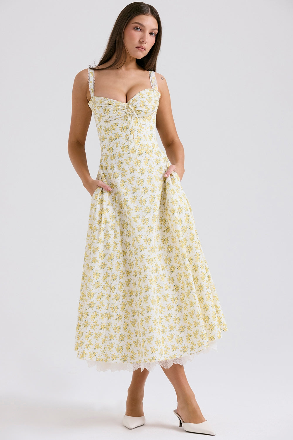 Rosalee-White Vintage Floral Print Cotton Bustier Sundress