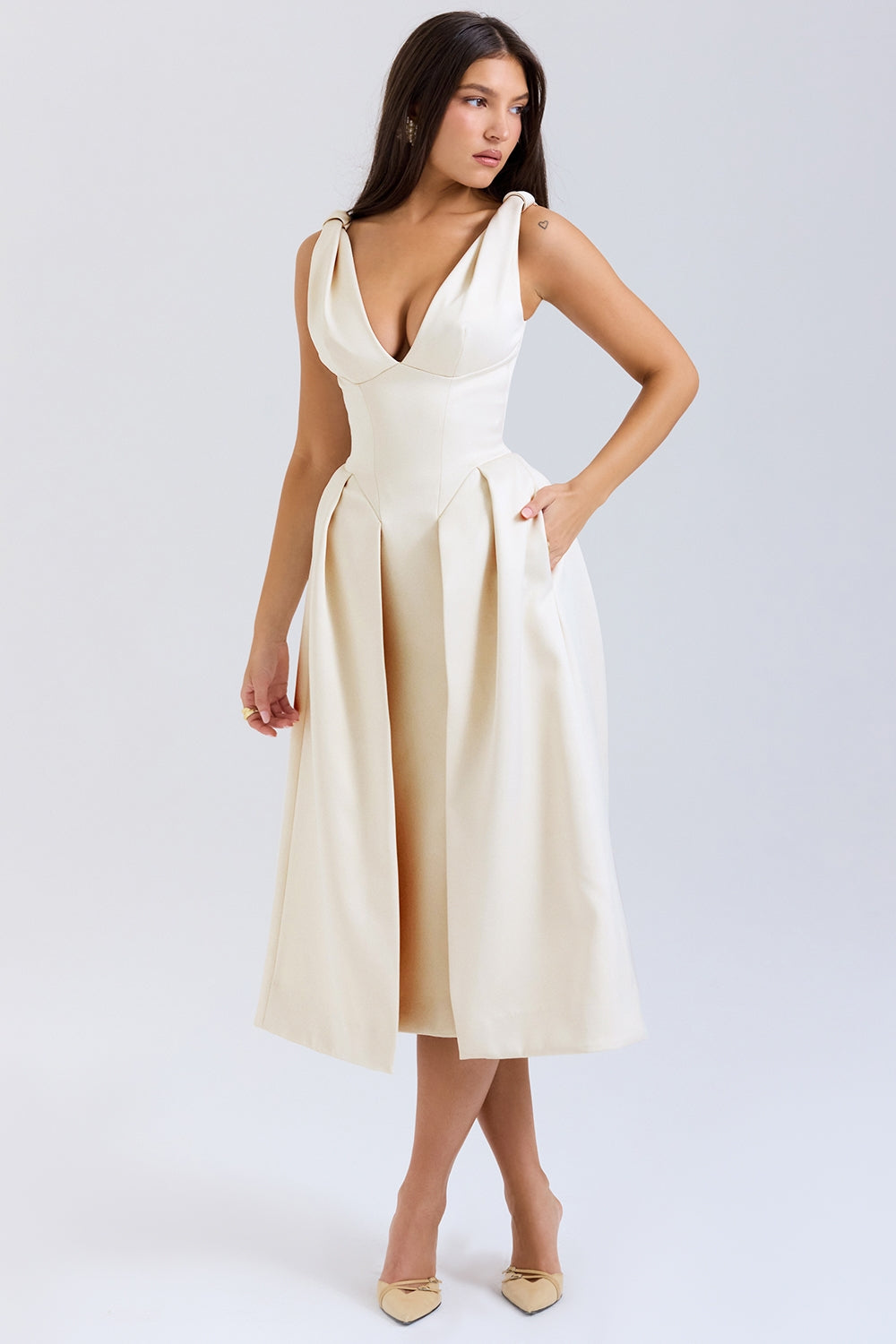 Paloma-Vintage Cream Satin Pleated Midi Dress - SALE