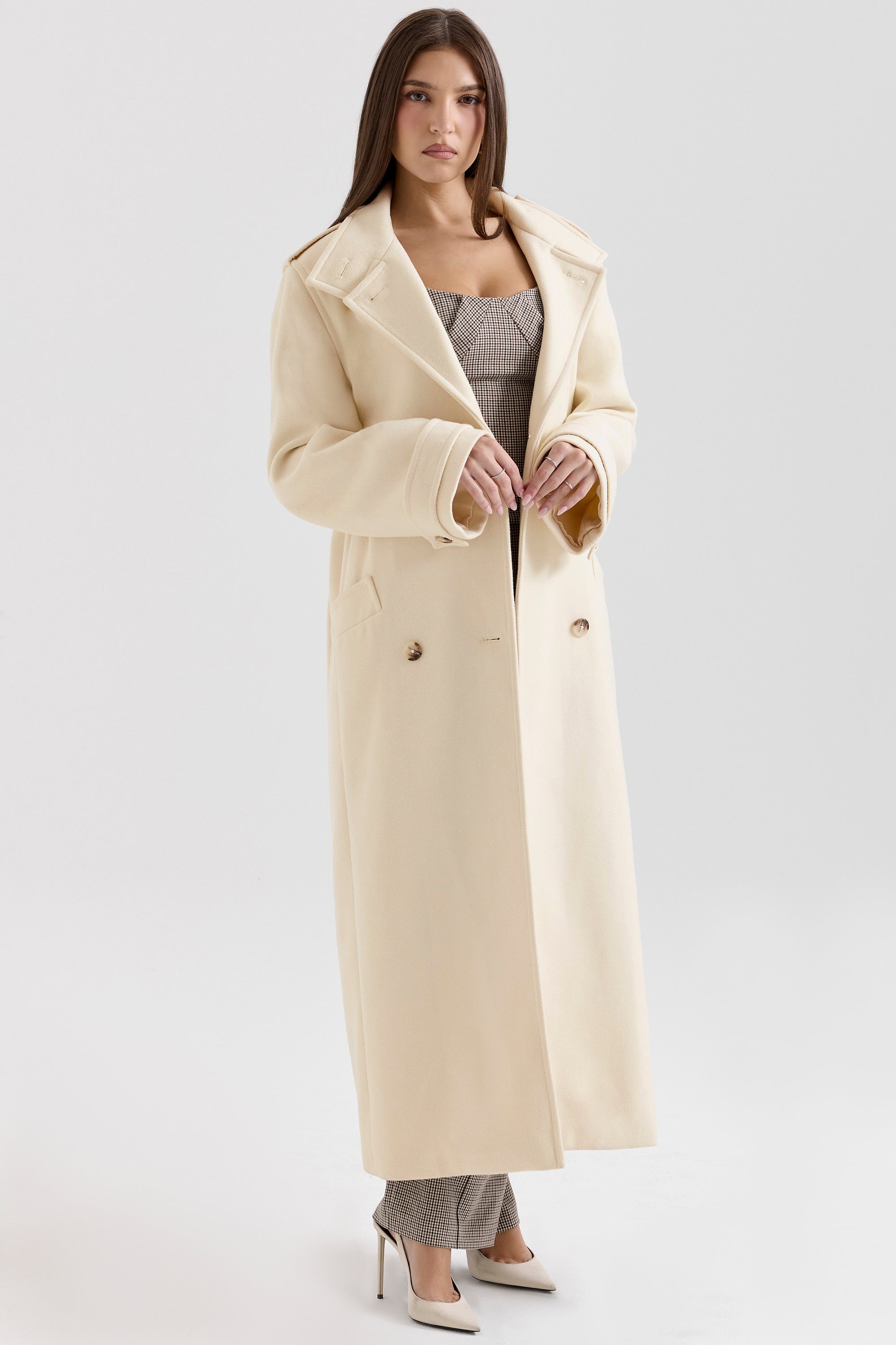 Sander-Cream Double Breasted Funnel Neck Coat