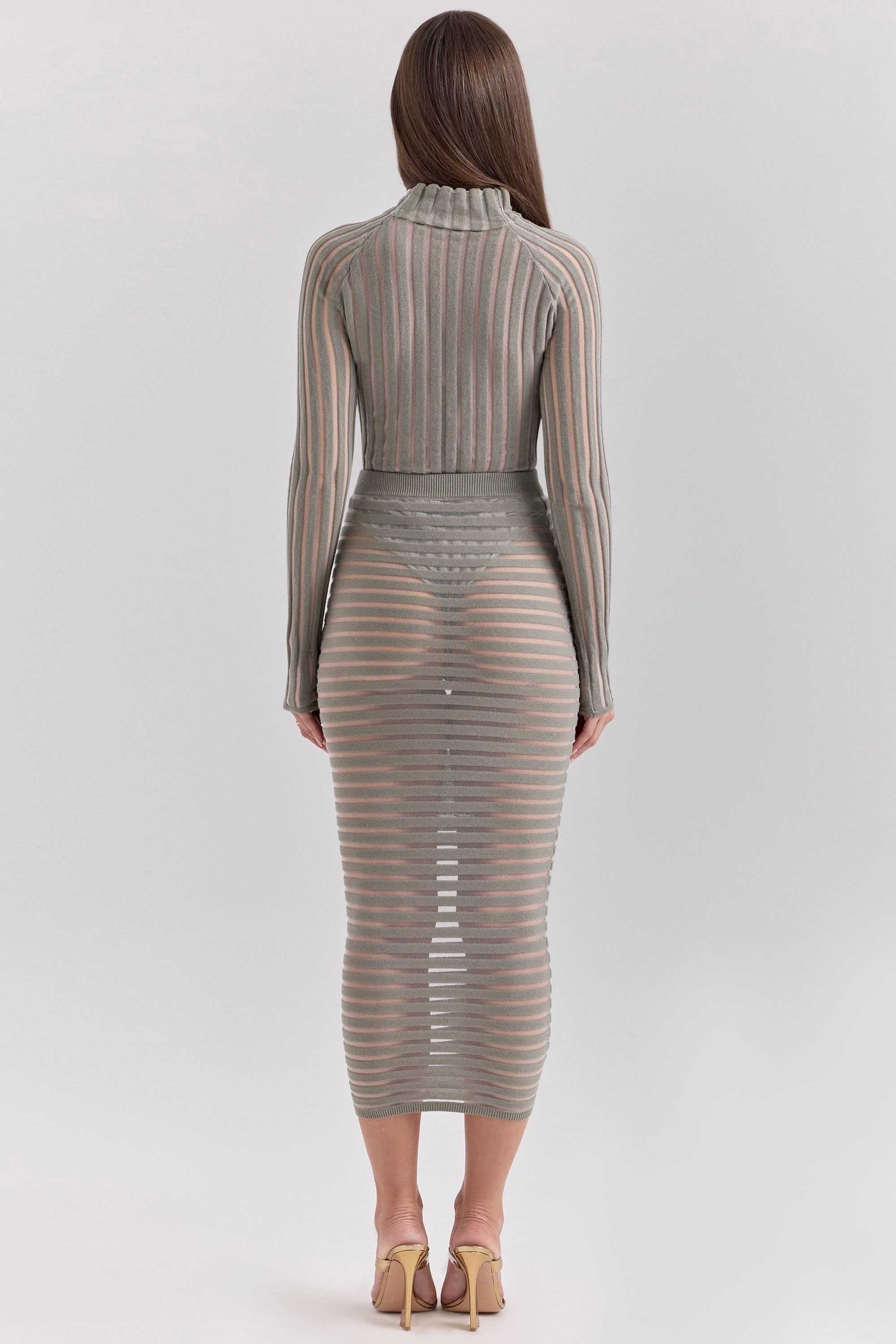 Margo-Grey Velour Sheer Striped Midi Skirt