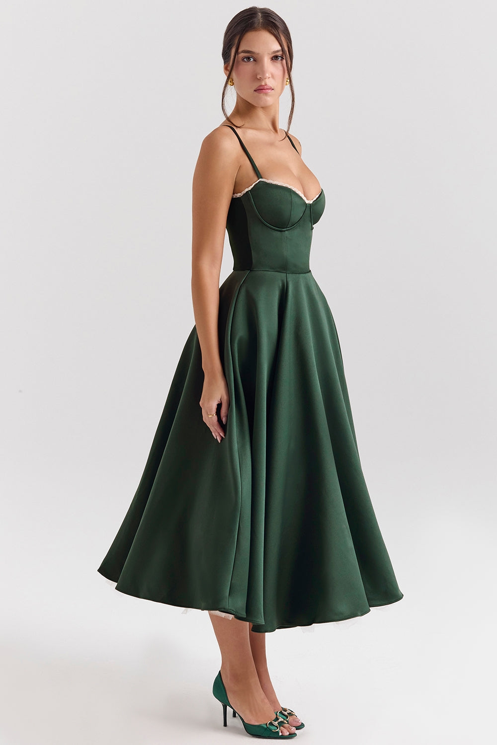 Mademoiselle-Forest Green Satin Tulle Midi Dress