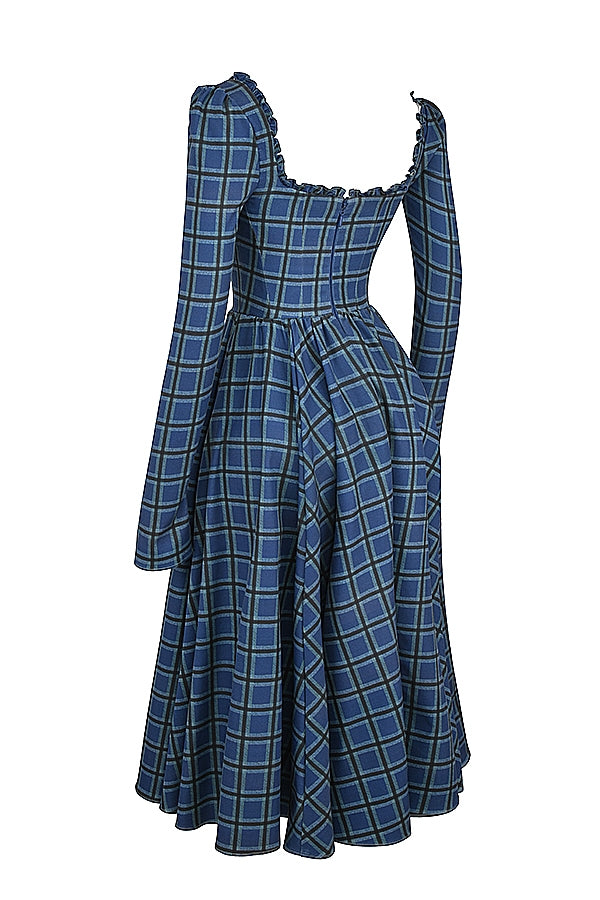 Delia-Blue Tartan Midi Dress