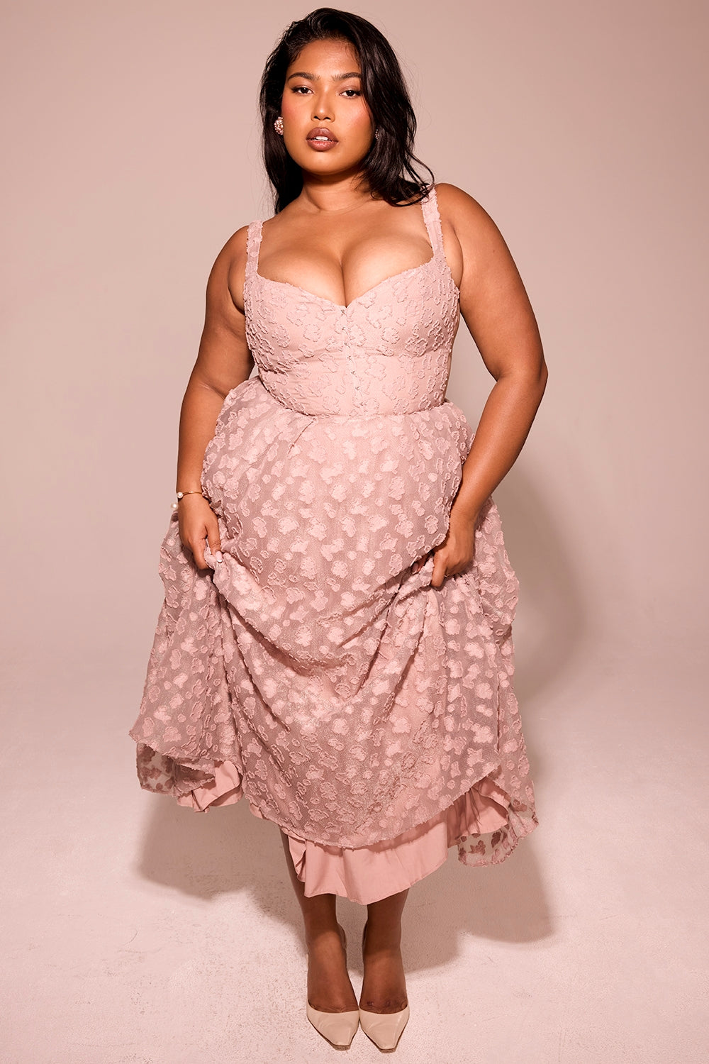 Lovely-French Rose Jacquard Sweetheart Neckline Midi Dress - SALE