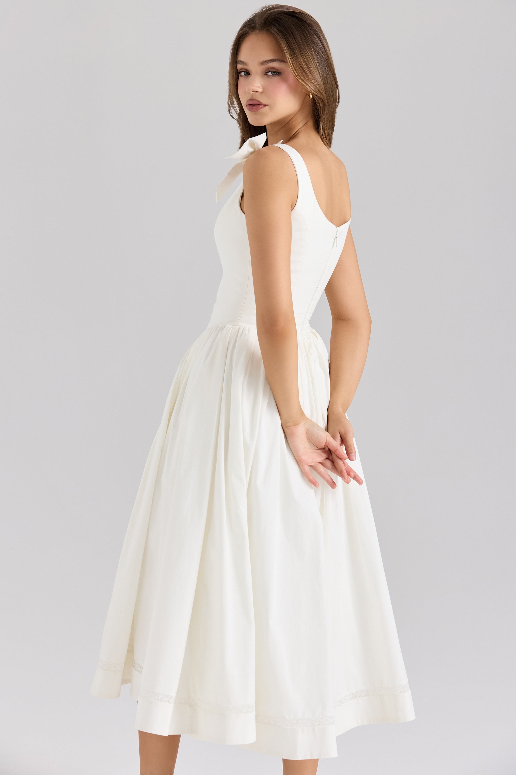 Lillia-White Stretch Cotton Bow Midi Dress