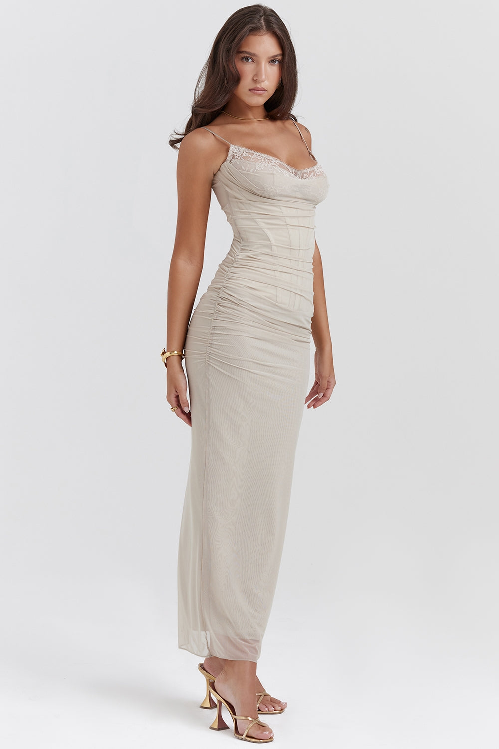 Nalini-Sand Stretch Mesh Maxi Dress