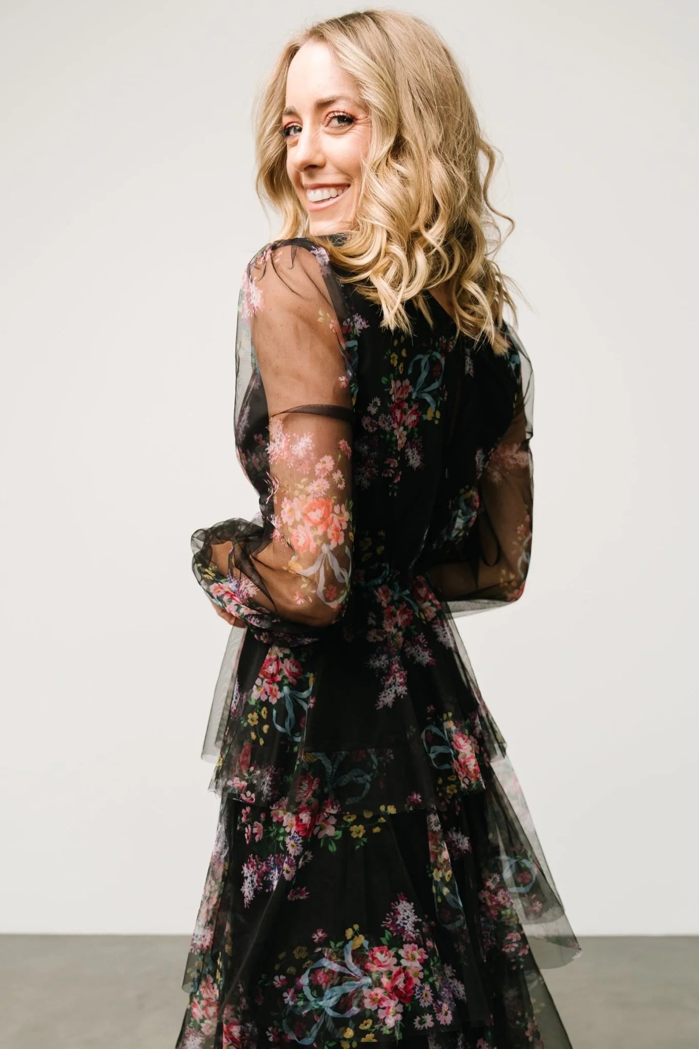 Carolina Tulle Tiered Maxi Dress | Black Floral