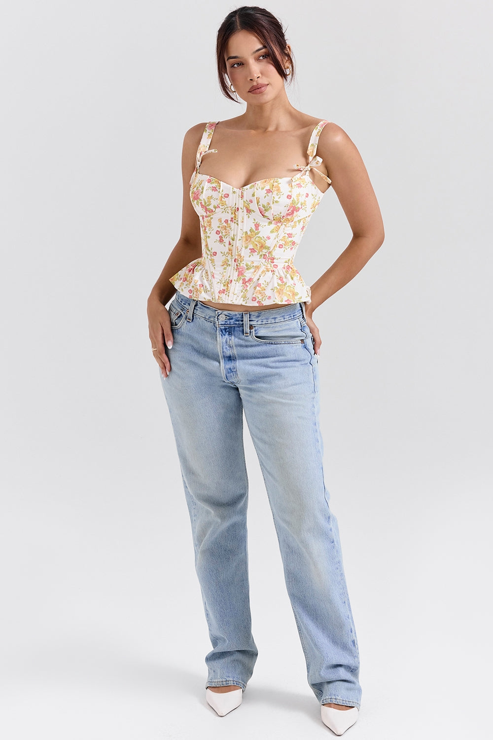 Gigou-Royal Rose Print Peplum Cotton Corset