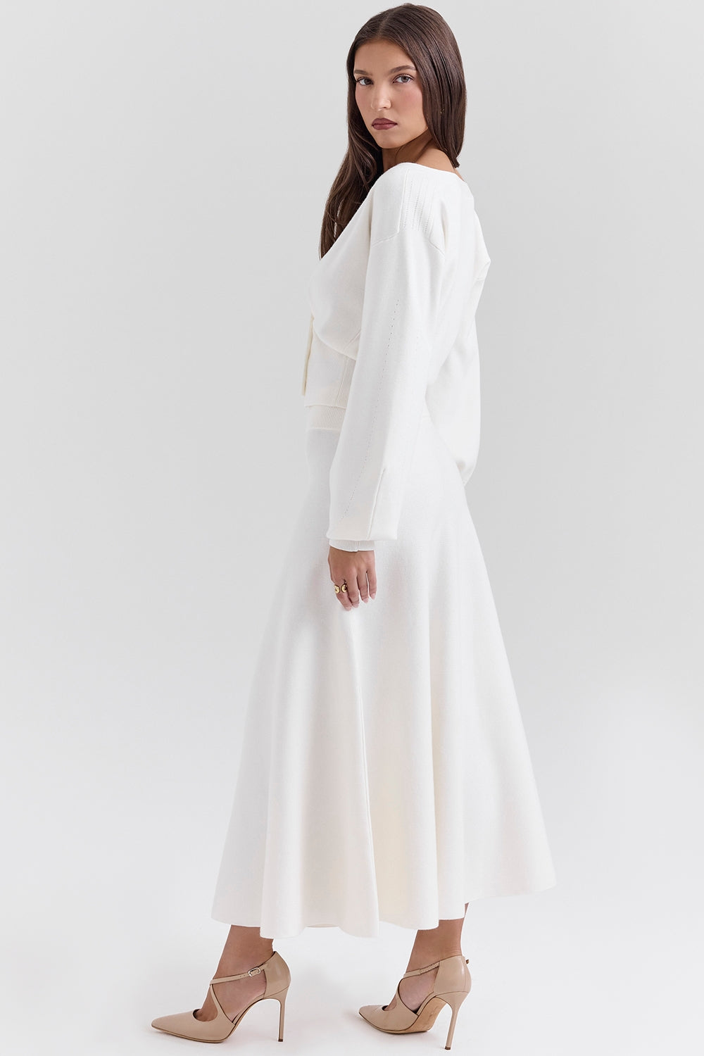 Solara-Ivory Wool Mix Flared Midi Skirt