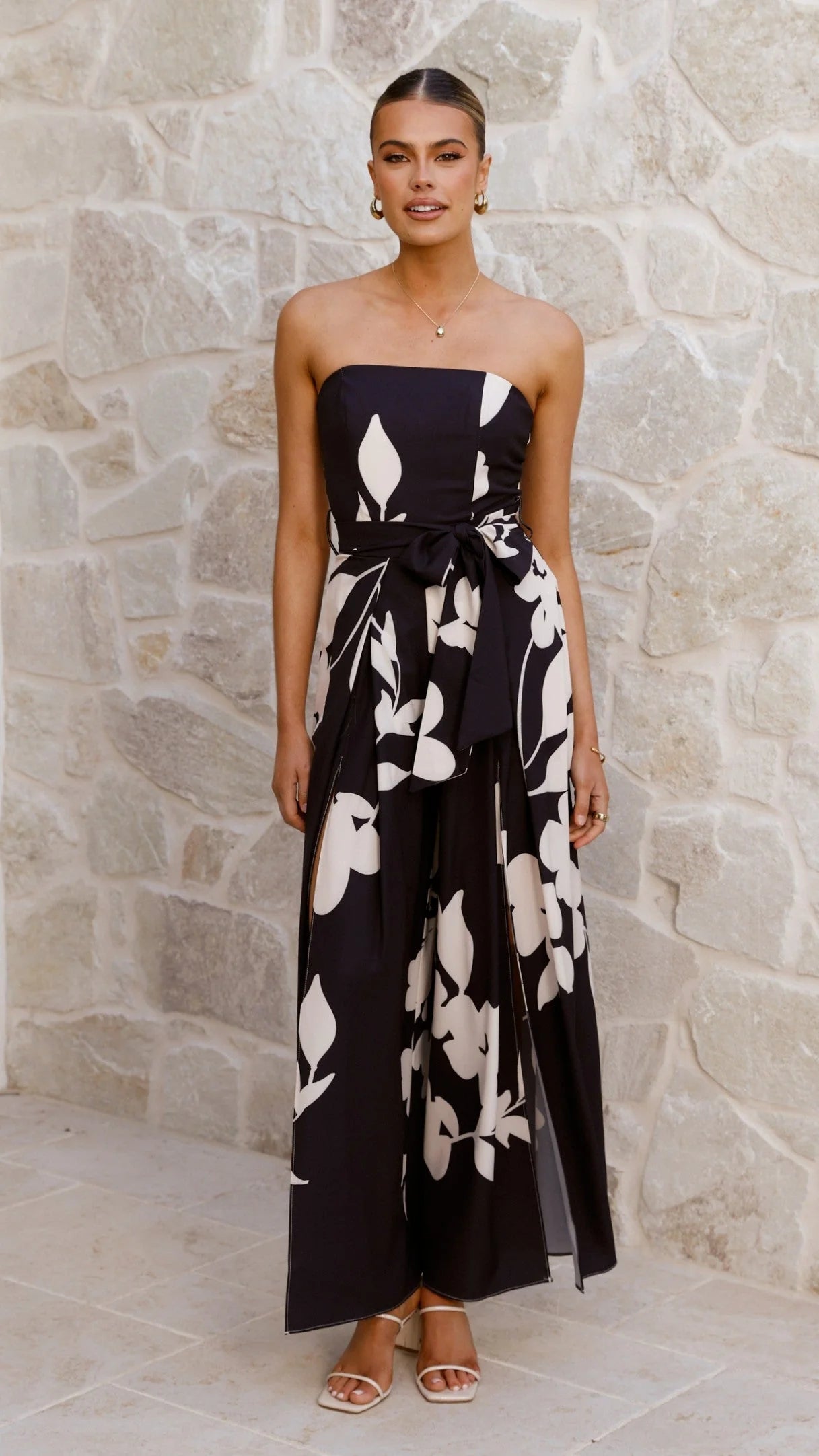 Carson Front Split Strapless Jumpsuit - Black Floral