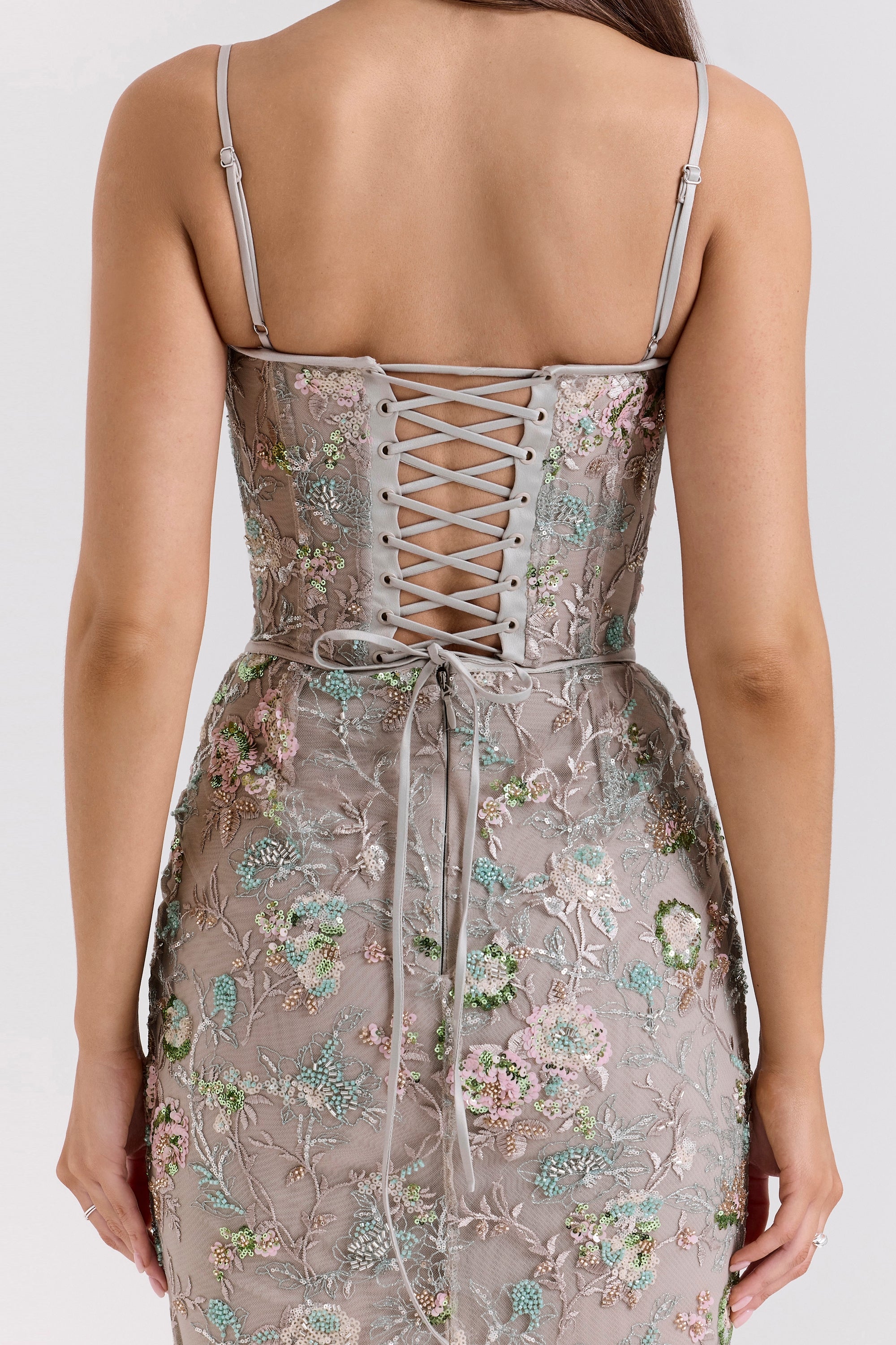 Naima-Silver Embellished Beaded Corset Maxi Dress