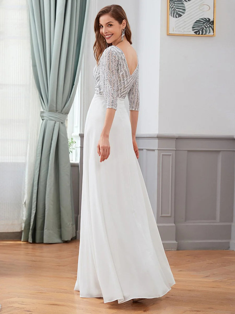 Sexy V Neck A-Line Sequin Wholesale Evening Dresses With 3/4 Sleeve