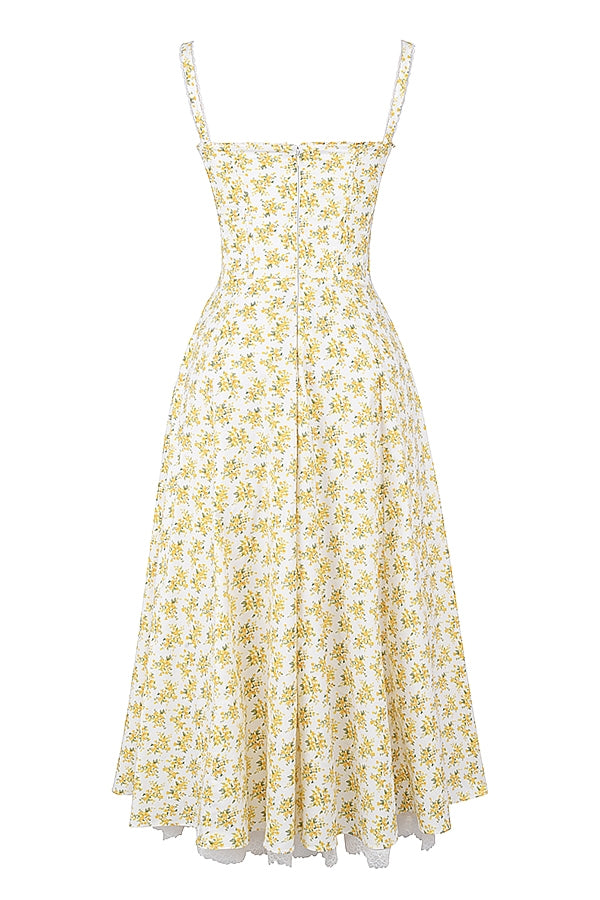 Rosalee-White Vintage Floral Print Cotton Bustier Sundress