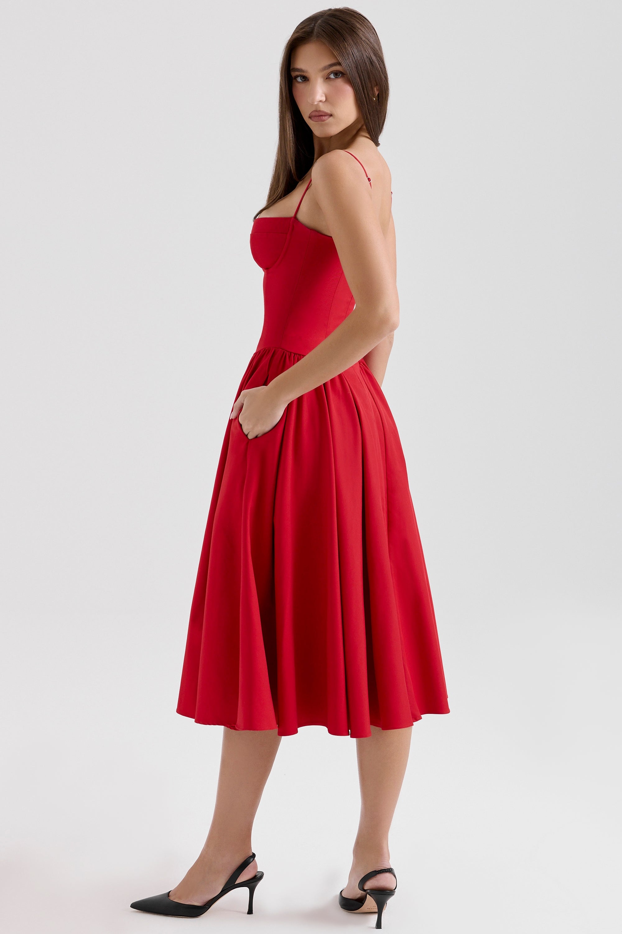 Samaria-Red Gathered Midi Dress