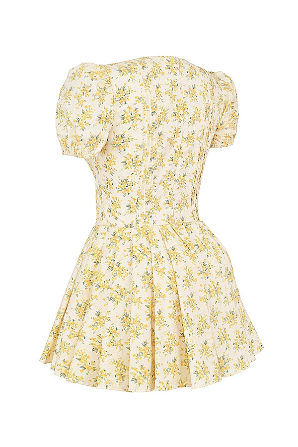Imani-Buttercup Vintage Floral Print Pleated Cotton Mini Dress