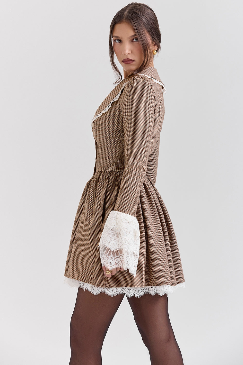 Sable-Brown Puppytooth Check Mini Dress - SALE