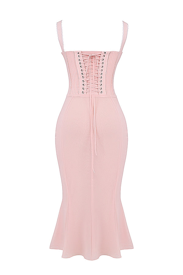 Syrah-Soft Peach Lace Back Midi Dress
