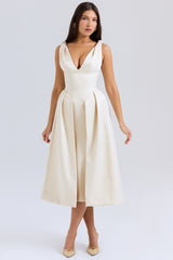Paloma-Vintage Cream Satin Pleated Midi Dress - SALE