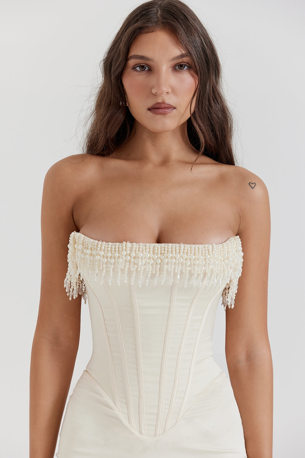 Nalita-Vintage Cream Embellished Strapless Dress