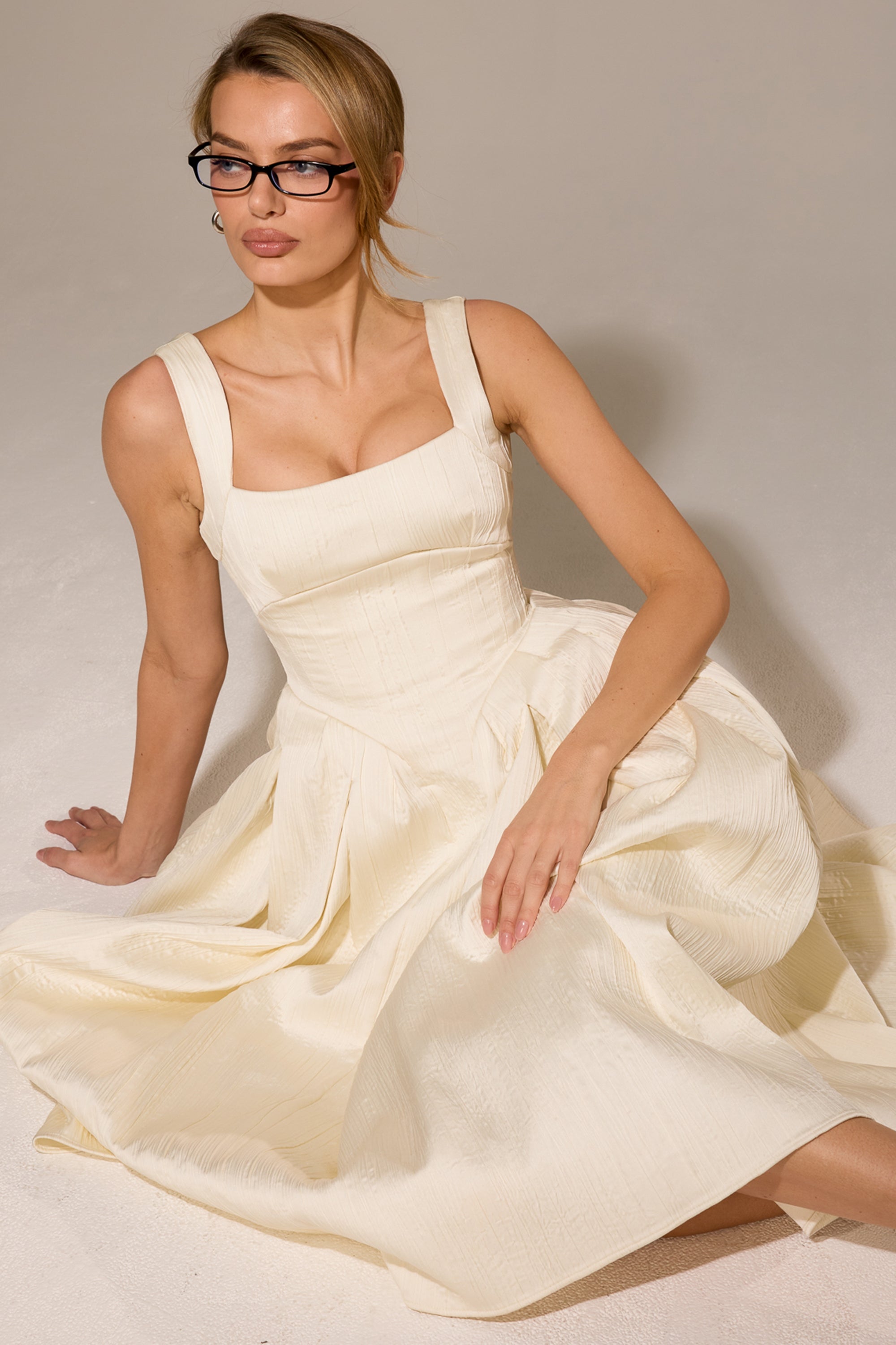 Isabeau-Ivory Textured Satin Corset Midi Dress