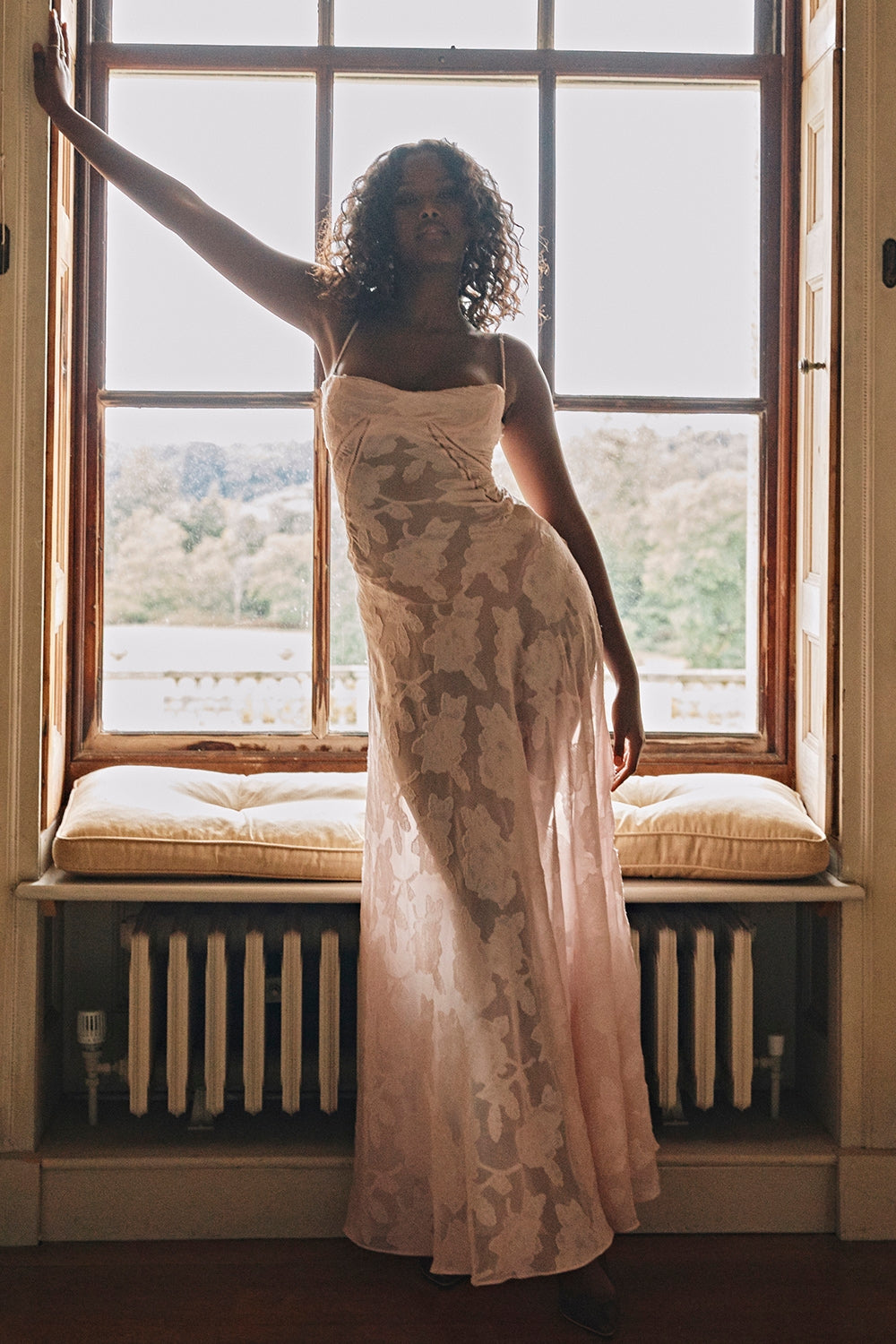 Seren-Soft Pink Floral Lace Back Maxi Dress