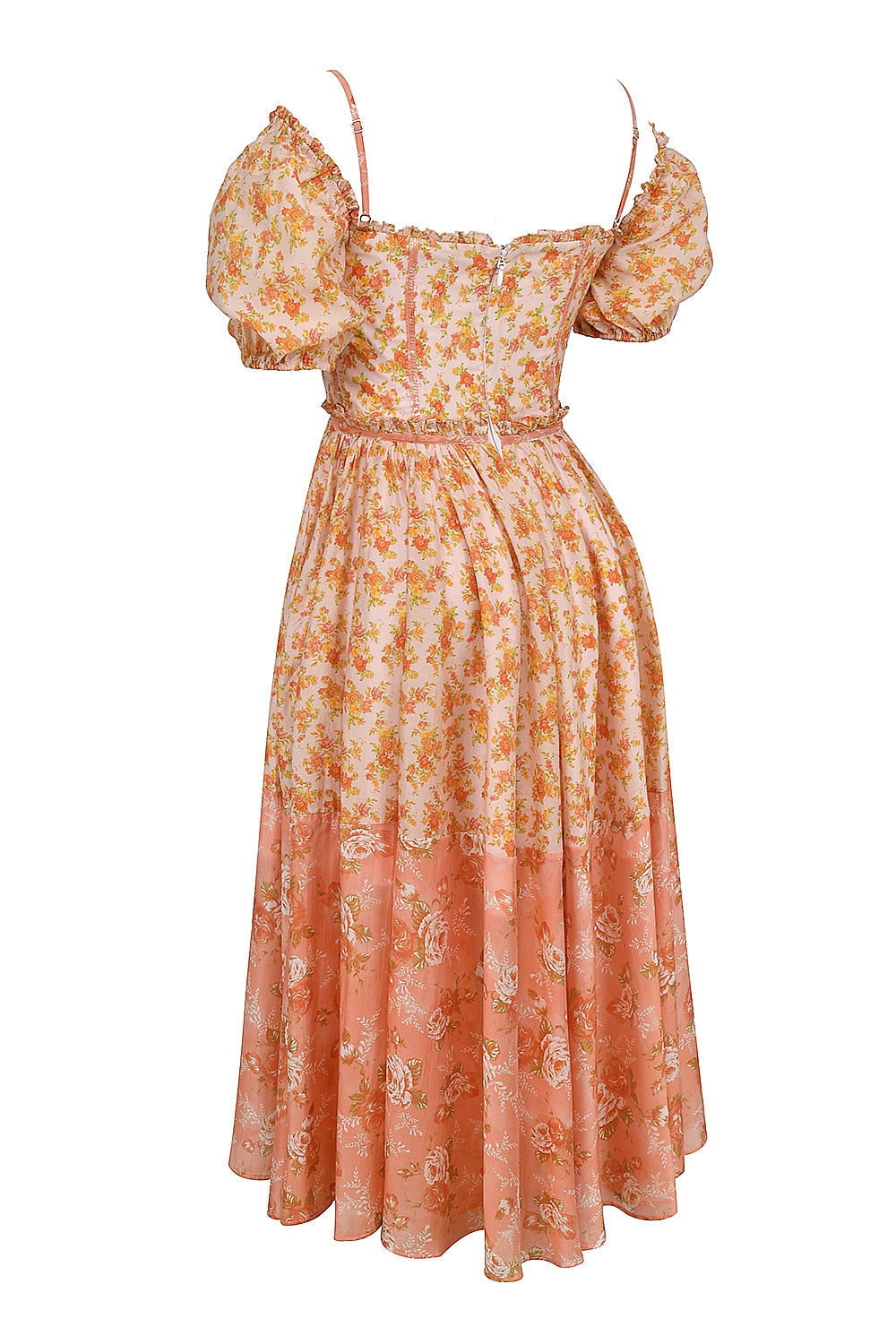 Penelope-Peach Poppy Print Puff Sleeve Midi Sundress