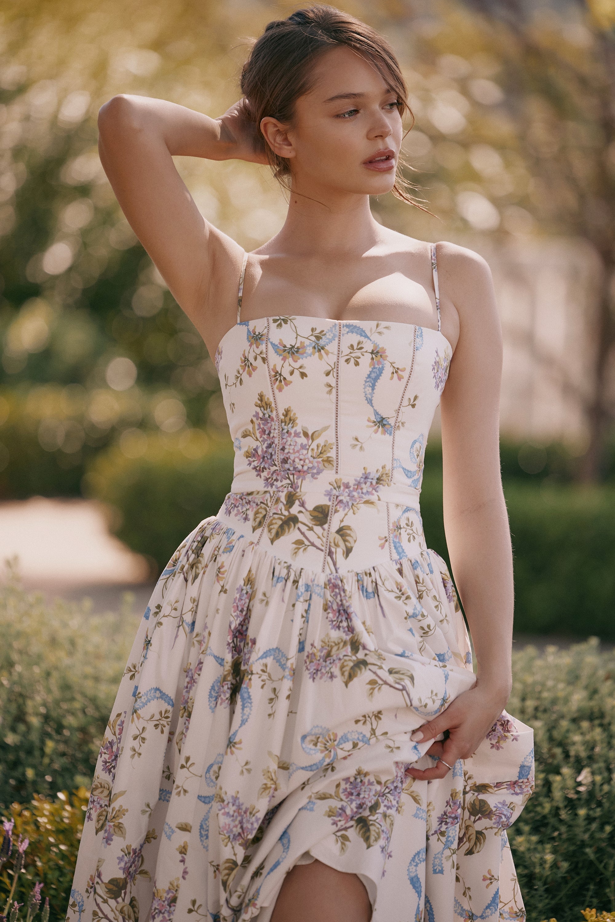 Ysabella-Off White Vintage Ribbon Print Cotton Midi Sundress