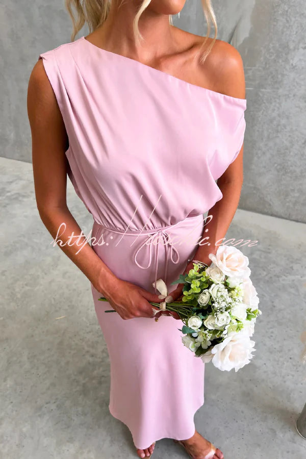 Solid Color One-shoulder Sleeveless Belted Casual Maxi Dress