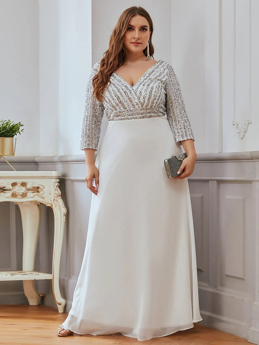 Sexy V Neck A-Line Sequin Wholesale Evening Dresses With 3/4 Sleeve