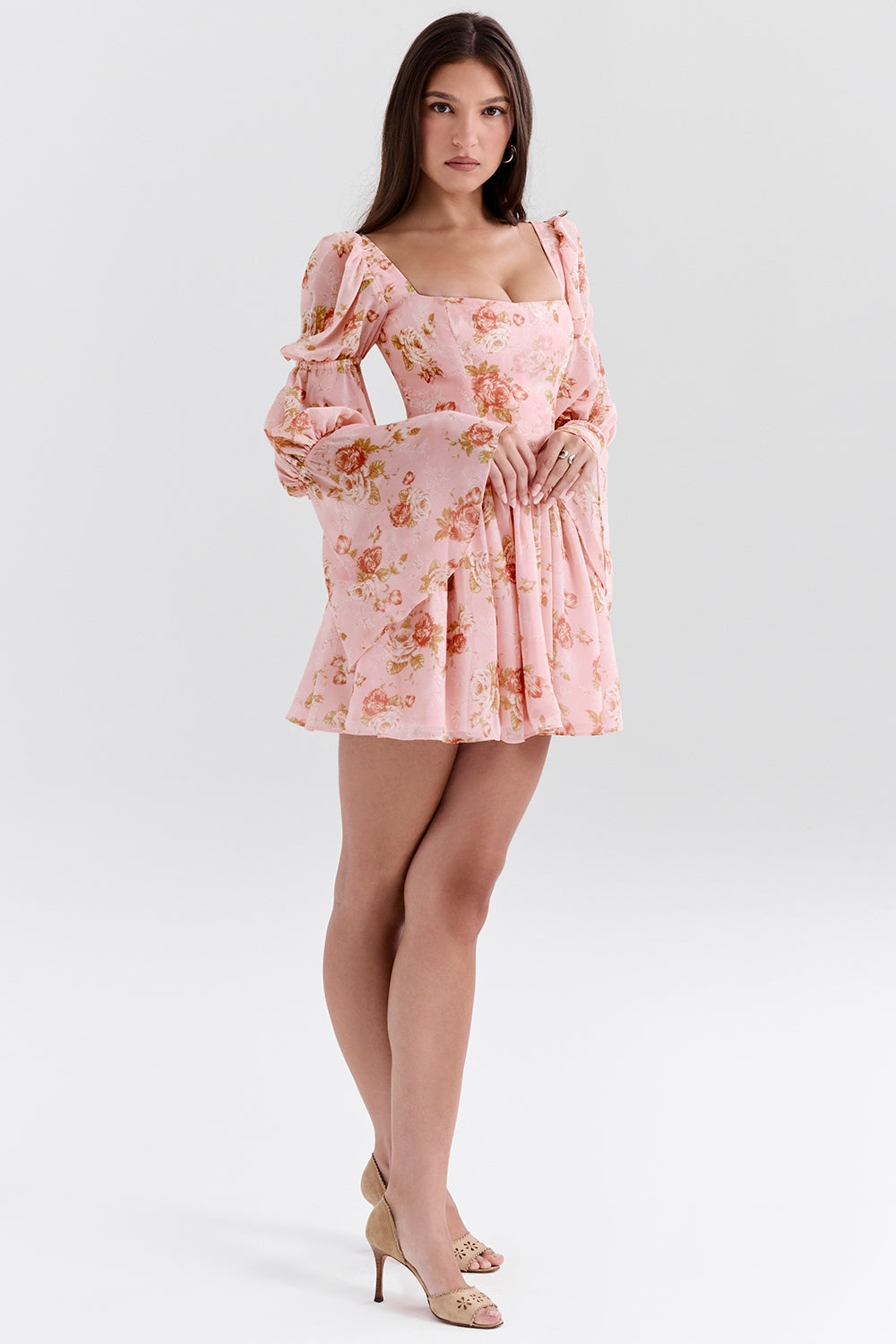 Sancia-English Vintage Rose Print Puff Sleeve Mini Dress