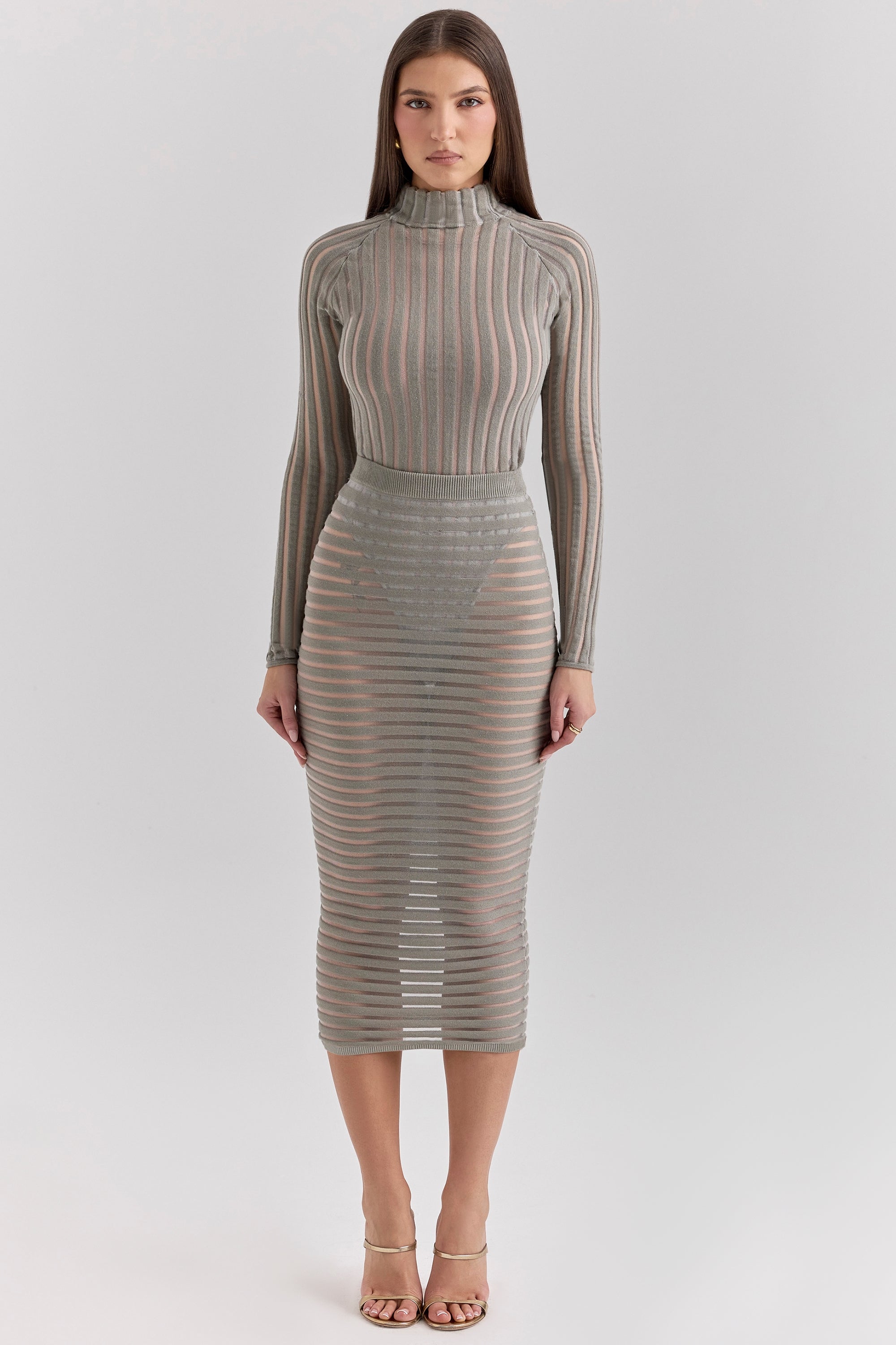Rowena-Grey Velour Sheer Striped Bodysuit