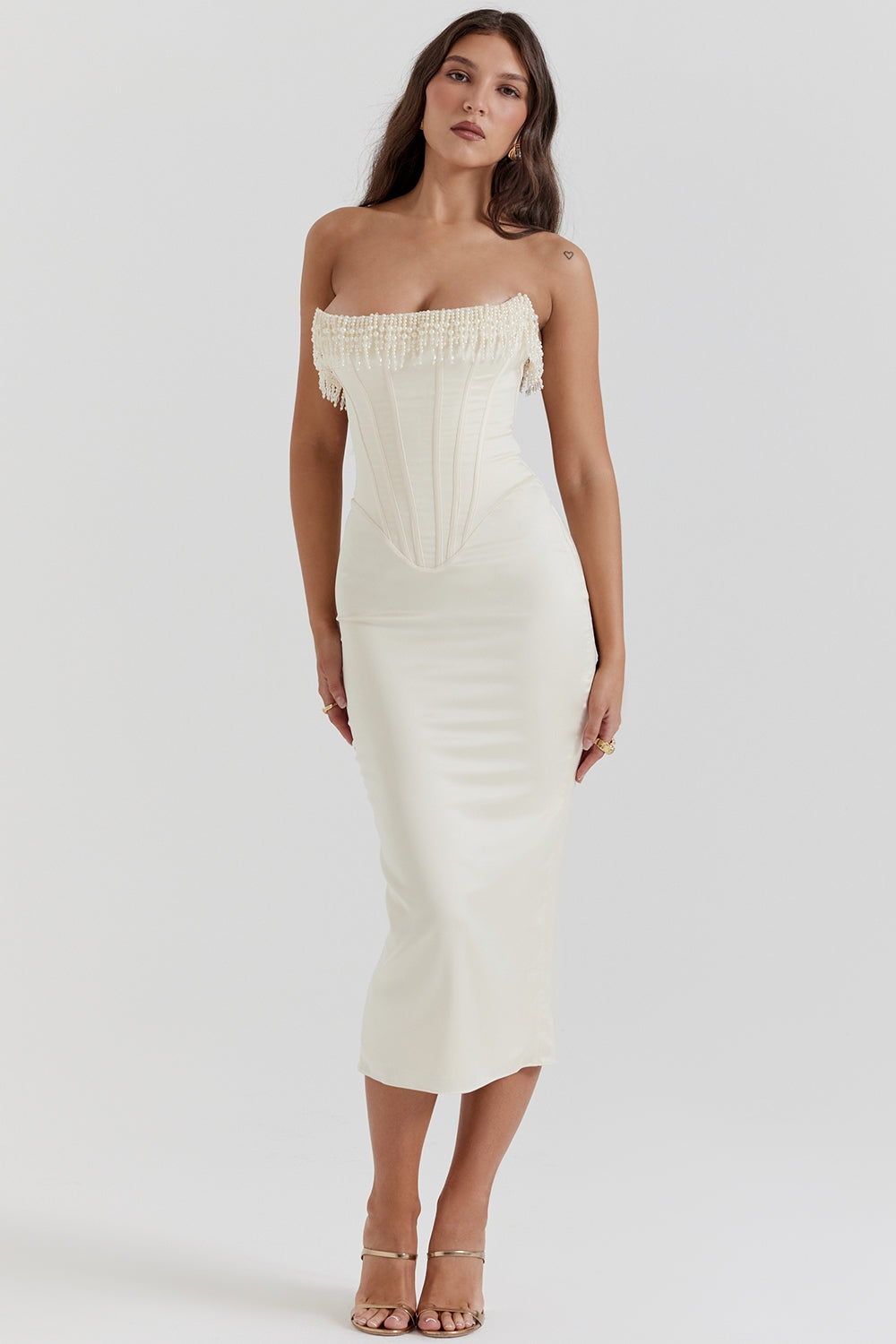Nalita-Vintage Cream Embellished Strapless Dress