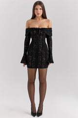 Sadie-Black Floral Lace Off Shoulder Mini Dress