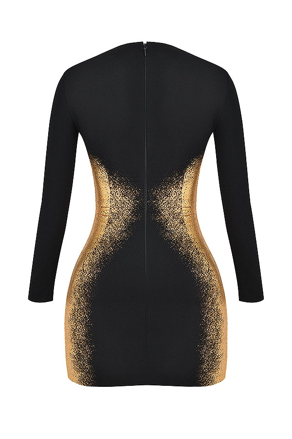 Domenica-Black & Gold Foil Print Mini Dress