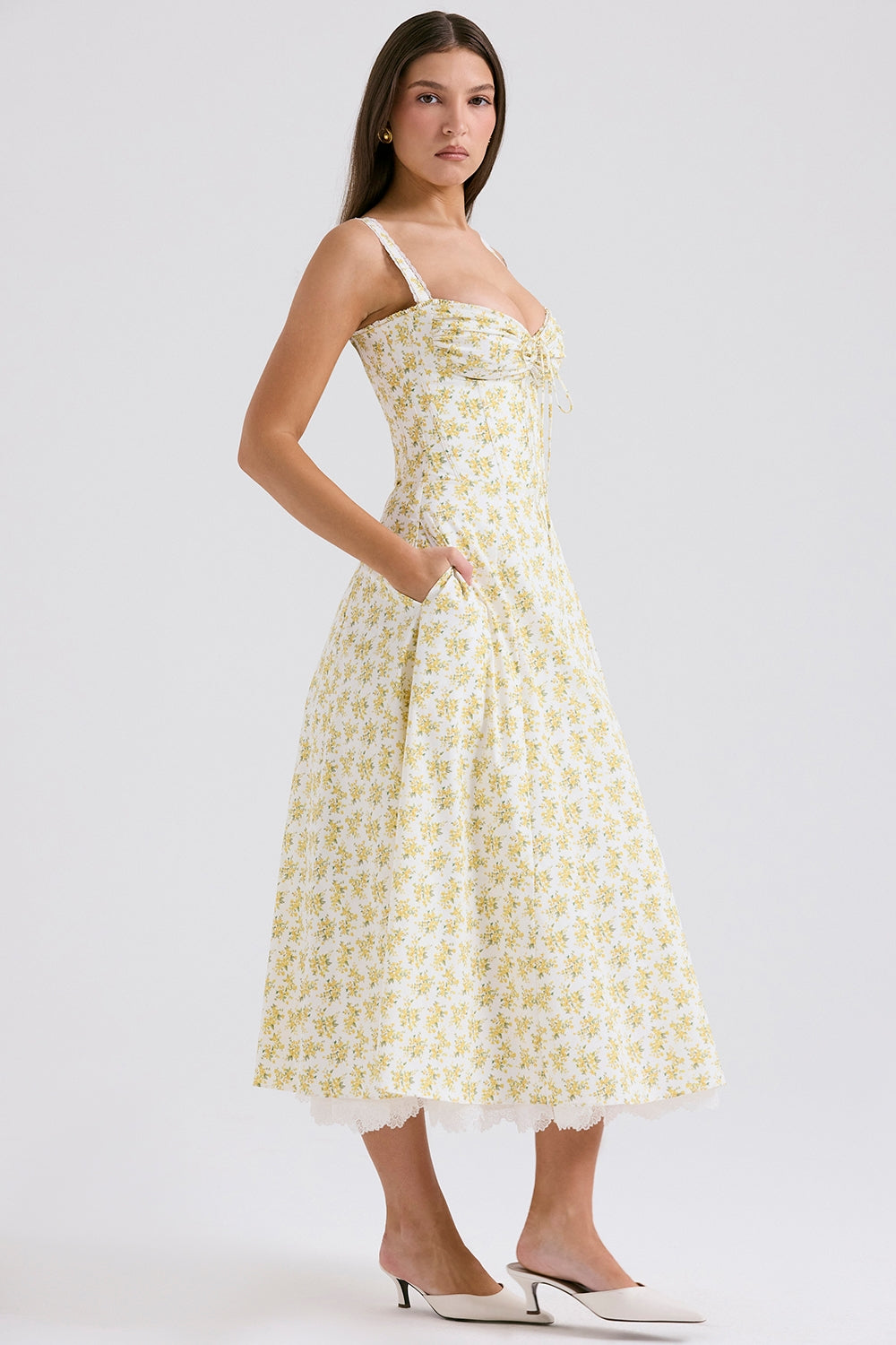 Rosalee-White Vintage Floral Print Cotton Bustier Sundress