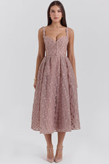 Lovely-French Rose Jacquard Sweetheart Neckline Midi Dress - SALE