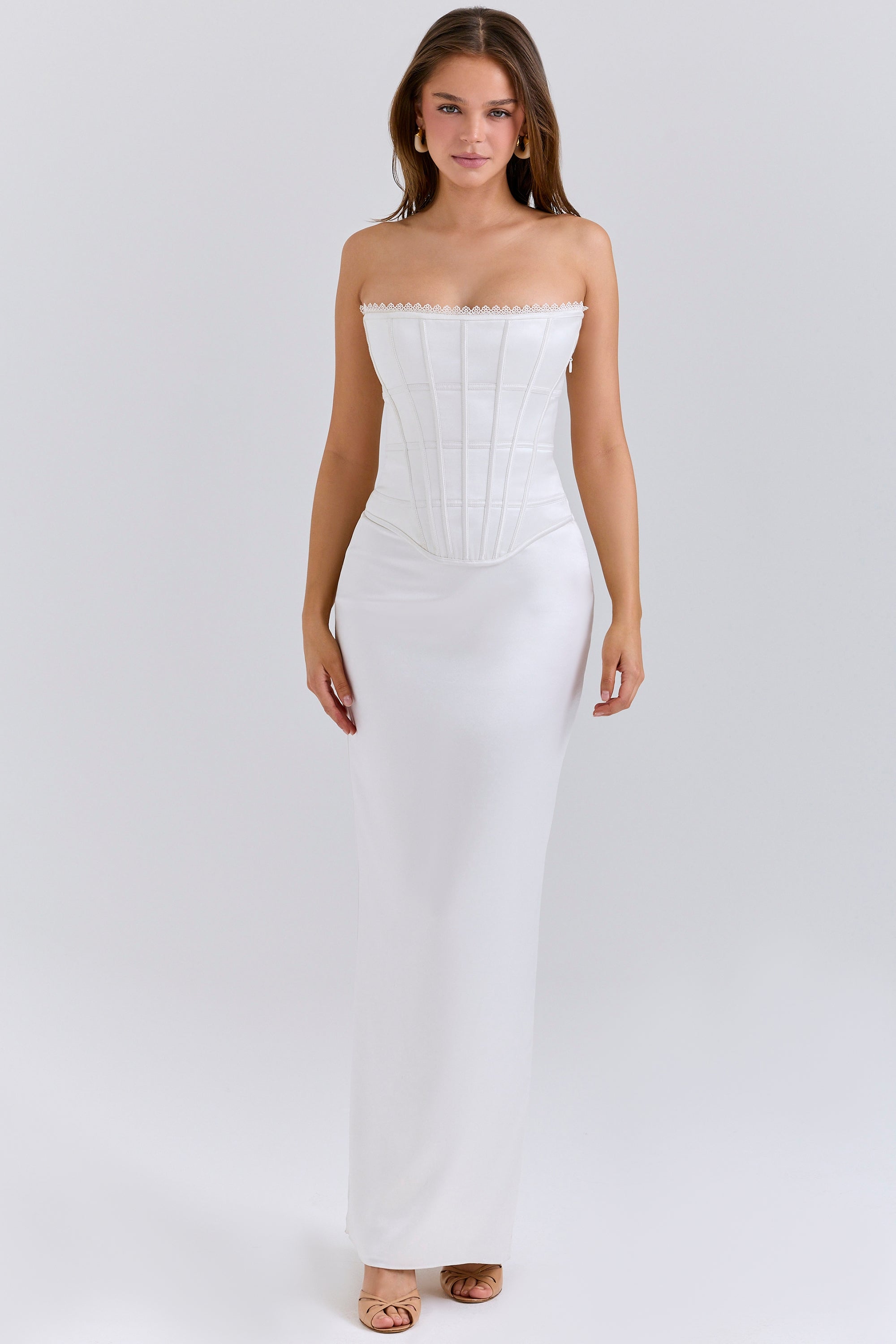 Isis-Ivory Satin Corset Maxi Dress