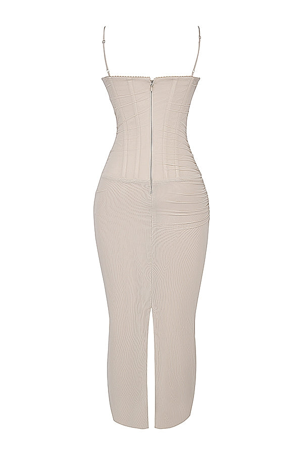 Nalini-Sand Stretch Mesh Maxi Dress