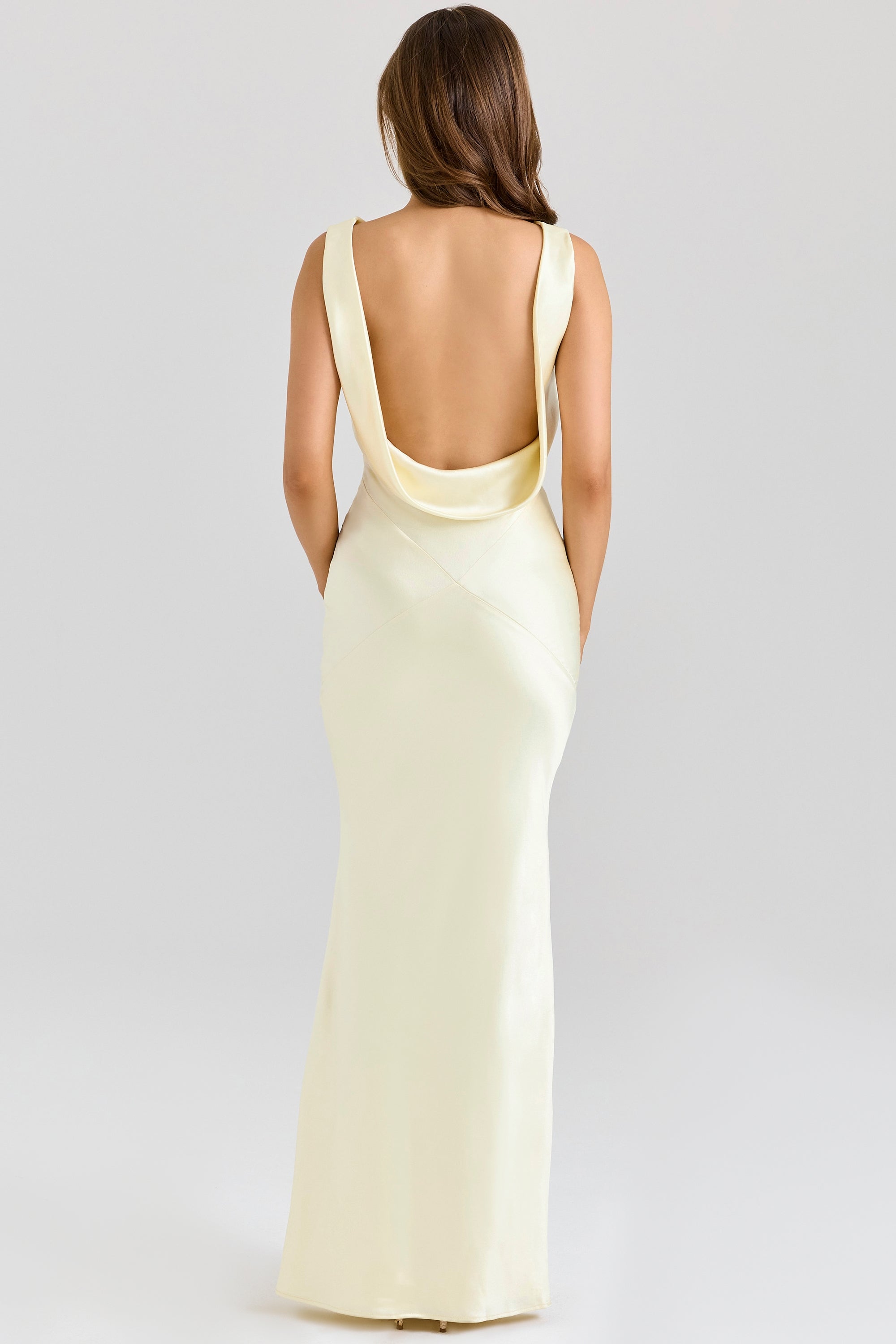 Safaira-Buttermilk Satin Draped Cowl Neck Maxi Dress