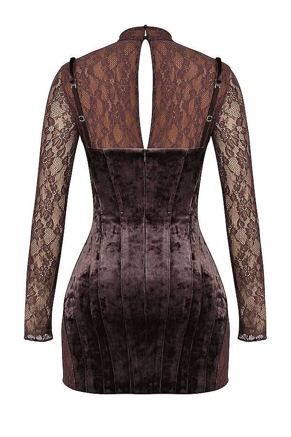 Marica-Brown Velvet & Lace Corset Dress
